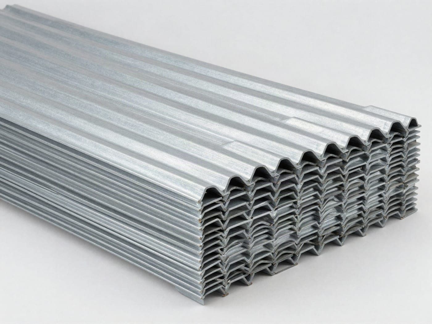 Pila de lámina acanalada de acero galvanizado, vista de canto para apreciar el perfil trapezoidal