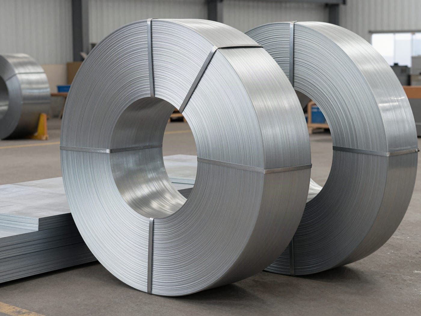 Rollos y cintas de acero galvanizado junto a una pila de lámina lisa, materia prima para perfilado y fabricación de remates